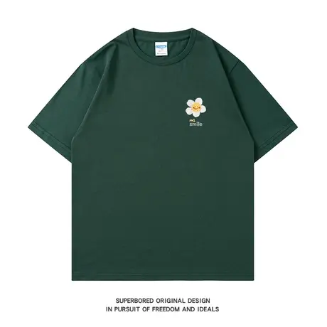 简约趣味太阳花朵纯棉短袖T恤男ins港风夏季情侣宽松半袖体恤上衣商品大图