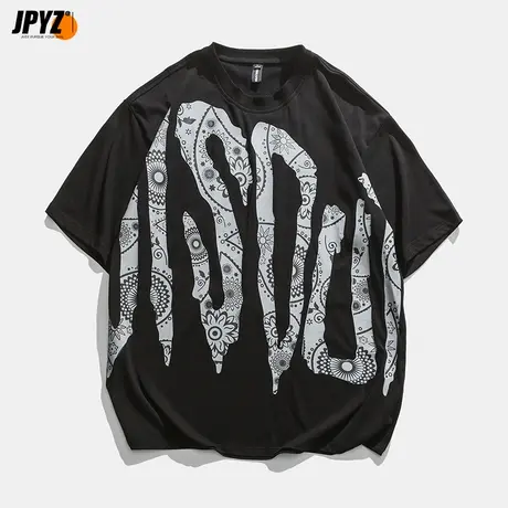 腰果印花短袖T恤男潮牌新款宽松纯棉打底体恤衫嘻哈圆领套头上衣商品大图