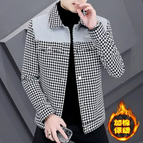外套男士秋冬季潮牌加棉加厚呢子夹克高端男装千鸟格子痞帅气上衣商品大图