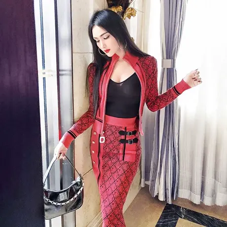 VJE冬季复古减龄名媛风针织套装新款半高领开衫半身裙两件套图片