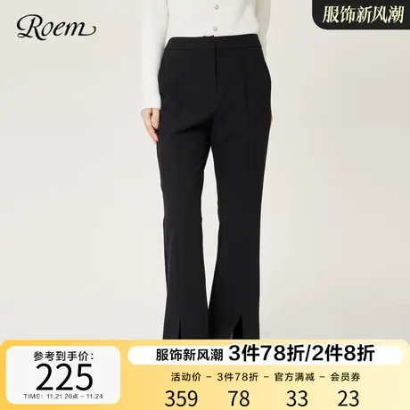 Roem秋冬新品商场同款OL风时尚裤子气质高腰开叉喇叭裤简约长裤图片