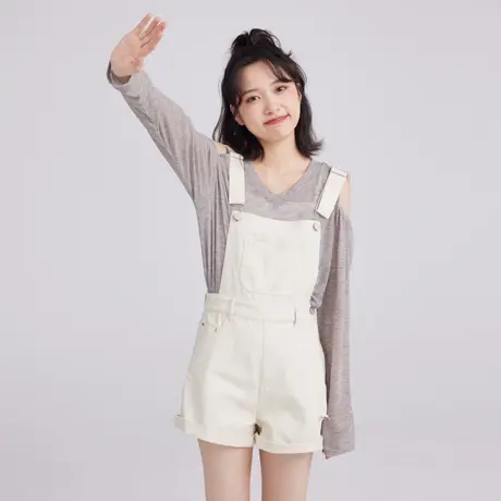 尔给休闲直筒短裤高腰女夏季薄款奶fufu桔梗初恋背带裤2022新款商品大图