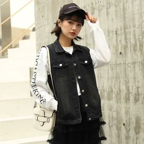 韩版牛仔马甲女中长宽松春秋显瘦无袖BF风背心新款上衣大码黑色潮图片