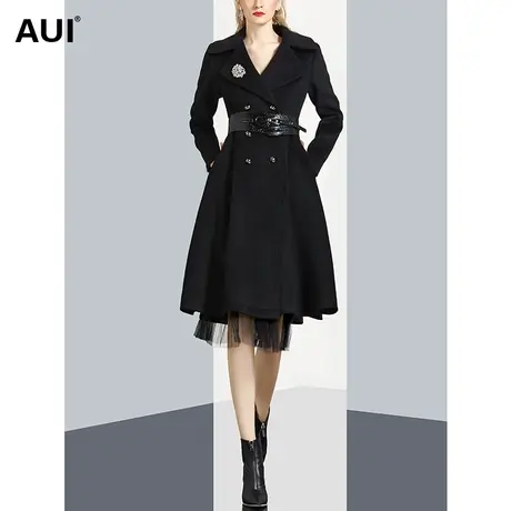 黑色中长款帅气双排扣毛呢外套女秋2022新款气质拼接网纱呢子大衣图片