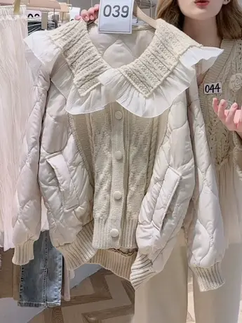 奶系设计感娃娃领棉服2023秋冬新款宽松减龄百搭针织拼接夹棉外套图片