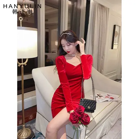 韩语琳丝绒连衣裙女秋冬年新款韩版红色中裙方领长袖修身裙厚图片