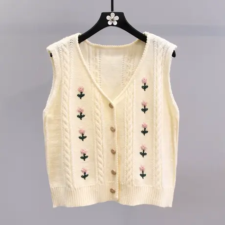 日系刺绣花朵针织马甲开衫女秋冬2023新款学院风外搭无袖毛衣背心商品大图