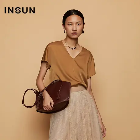 INSUN恩裳秋季醋酸V领短袖衬衫图片