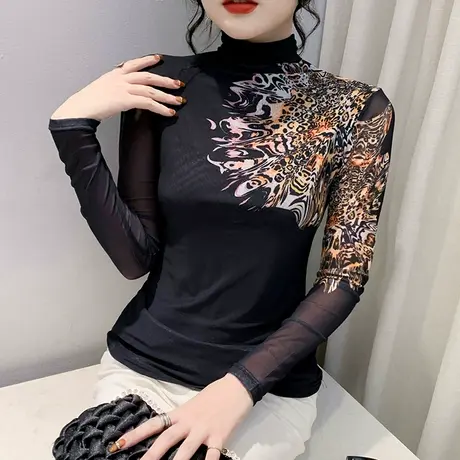 半高领网纱打底衫女春装新款漂亮气质妈妈上衣复古印花长袖T恤女商品大图