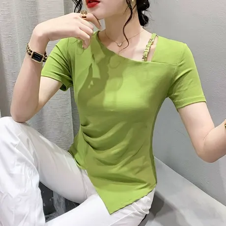 开叉斜领T恤女短袖2024夏新款不规则收腰时尚小衫洋气上衣设计感商品大图