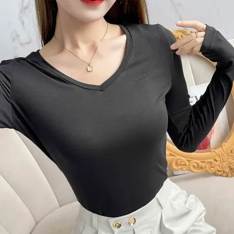 莫代尔v领长袖t恤女士秋冬显瘦洋气打底衫百搭黑色上衣新款打底衫商品大图