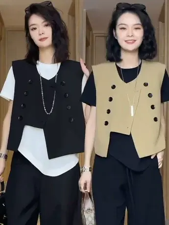 2025欧洲站春夏新款圆领双排多扣不规则简约时尚休闲西装马甲外套商品大图