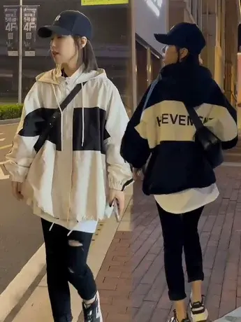 撞色连帽短款冲锋衣外套女欧洲站2023春季新款欧货小个子夹克上衣商品大图