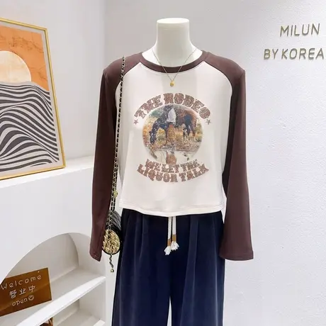 韩国东大门正肩上衣秋冬款加绒打底衫甜辣妹复古美式长袖T恤欧货商品大图