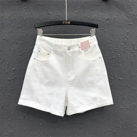 白色时尚贴标牛仔短裤女23夏季新款后松紧休闲高腰显瘦阔腿裤热裤商品大图