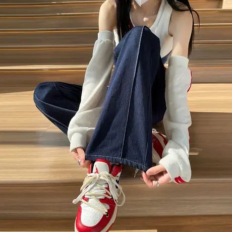 深蓝色阔腿牛仔裤女2024年秋冬新款高腰宽松复古显瘦压褶直筒长裤商品大图