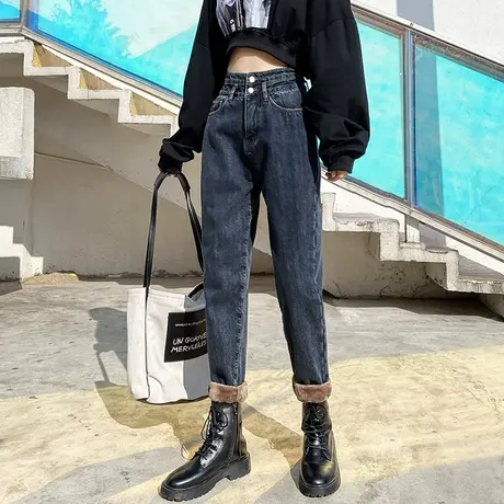 加绒加厚牛仔裤女秋冬2022年新款哈伦直筒宽松高腰显瘦百搭萝卜裤商品大图