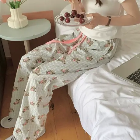 韩国东大门秋季新款小熊印花格子松紧腰休闲裤家居服可外穿休闲裤商品大图