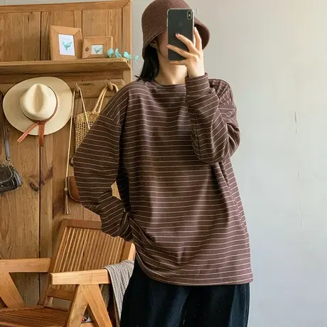 dza 复古圆领双面德绒条纹T恤女秋冬内搭打底衫宽松休闲长袖上衣图片