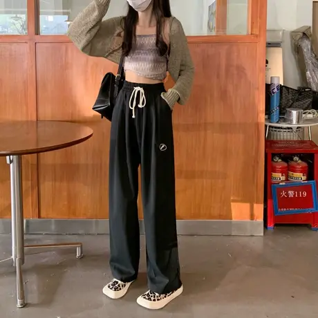 小个子运动裤女春秋2024新款美式垂感宽松抽绳卫裤休闲直筒阔腿裤商品大图