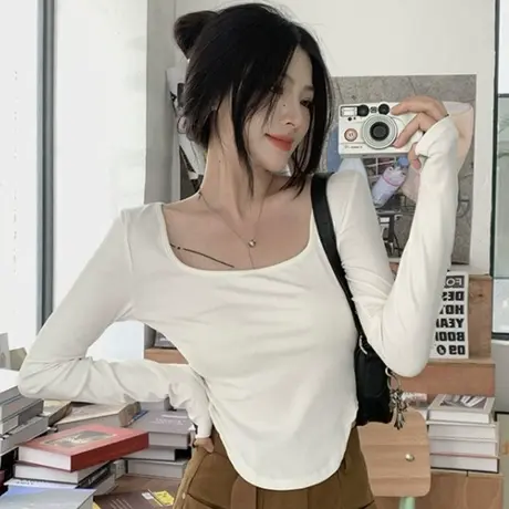 短款打底衫女早秋纯欲别致内搭长袖T恤初秋纯色甜辣chic小上衣商品大图