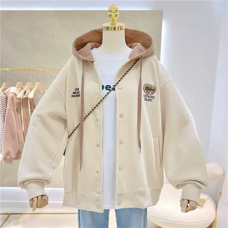 卫衣女春秋薄款2022新款立体刺绣宽松大码拼色纽扣开衫连帽外套潮图片