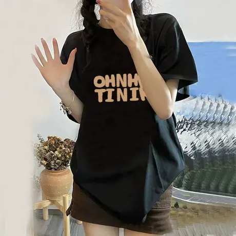 短袖女春夏2023新款黑色正肩t恤大码宽松仿棉设计感半袖体恤上衣商品大图