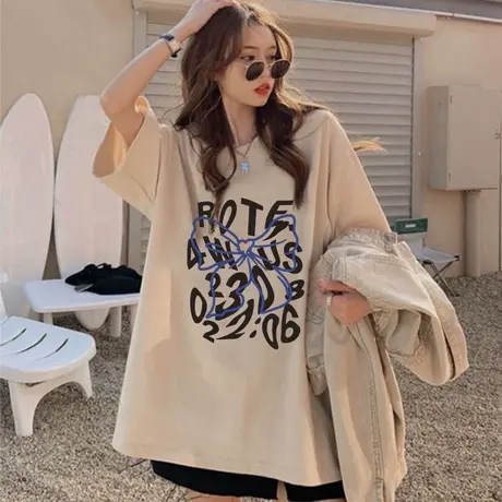 韩版东大门甜辣风字母蝴蝶结设计感短袖t恤女夏大码宽松显瘦上衣商品大图