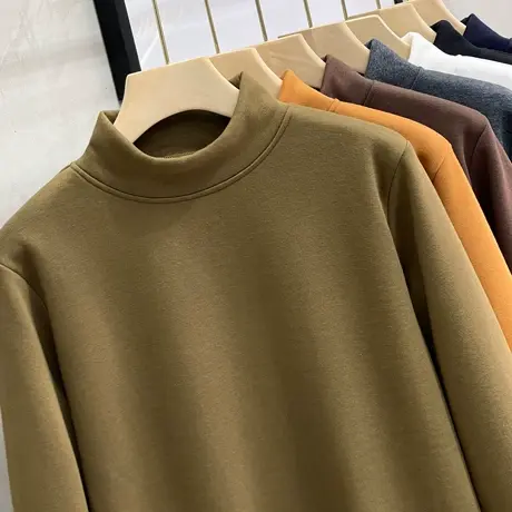 一体绒半高领针织衫男秋冬加厚加绒中领长袖T恤21爆款保暖打底衫商品大图