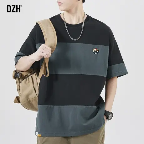 男士圆领条纹t恤男短袖潮牌夏季男装2023新款宽松纯棉上衣半截袖商品大图