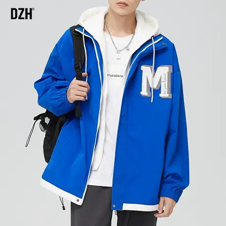 男生假两件连帽夹克男潮牌秋季蓝色上衣2023新款青少年设计感外套商品大图