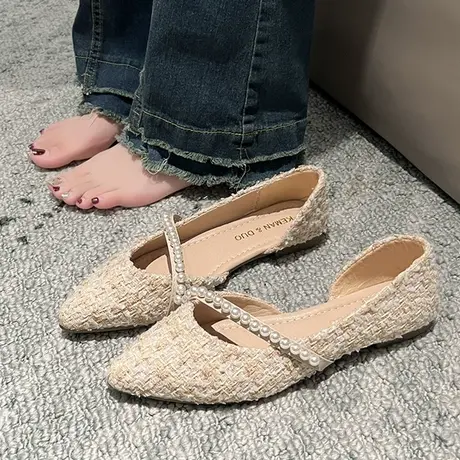 2023春夏季新款浅口尖头平底侧空仙女晚晚风温柔气质小香风单鞋女商品大图