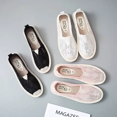 夏季草编韩版镂空蕾丝渔夫鞋女鞋老北京布鞋一脚蹬懒人鞋透气网鞋商品大图