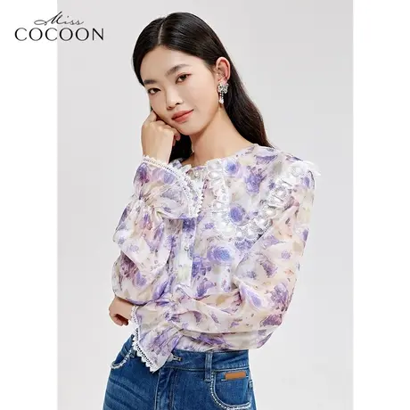 missCOCOON法式娃娃领雪纺衬衫女2023新款春夏季蕾丝拼接碎花上衣商品大图
