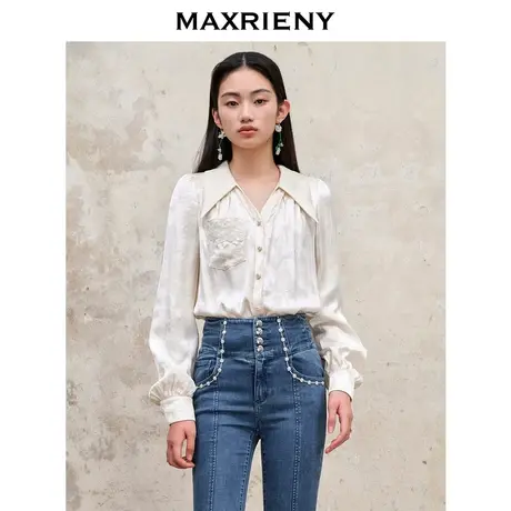 MAXRIENY国风新中式垂坠感盘扣衬衫秋季新款长袖女复古提花衬衣商品大图