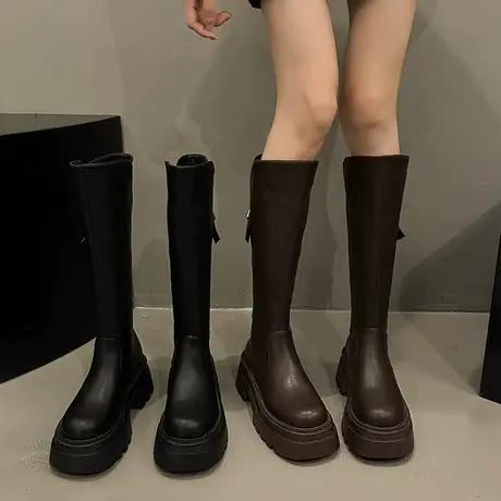 长筒靴女2023年秋冬季新款保暖粗跟不过膝靴小个子厚底增高骑士靴商品大图