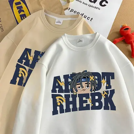 发泡印花美式圆领重磅卫衣男春秋季新款oversize潮牌宽松无帽外套商品大图