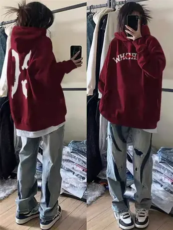 重磅加厚秋冬新款连帽卫衣女加绒宽松复古酒红色大码潮牌外套上衣商品大图