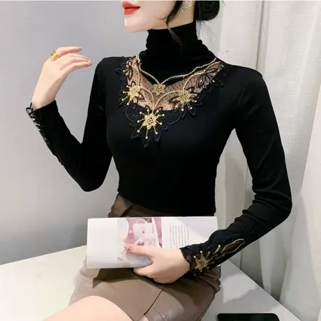 时尚高领镂空花边烫钻长袖打底衫春秋2024新款内塔上衣女修身T恤图片