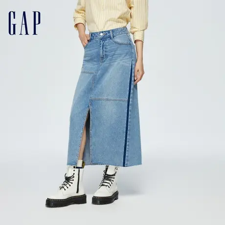 Gap女装春季2024新款前开衩修身牛仔半裙时尚拼接高腰长裙874444图片
