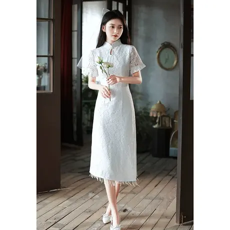 旗袍小晚礼服连衣裙平时可穿订婚领证登记白色洋装蕾丝流苏高级感图片