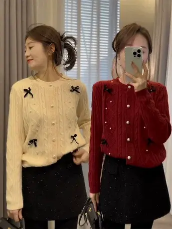 时尚法式精致小众立体蝴蝶结装饰圆领针织秋冬设计感名媛风上衣女商品大图