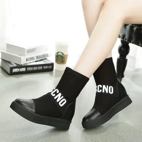 春秋女靴显瘦弹力靴平跟厚底松糕短靴内增高女鞋韩版潮性感马丁靴图片