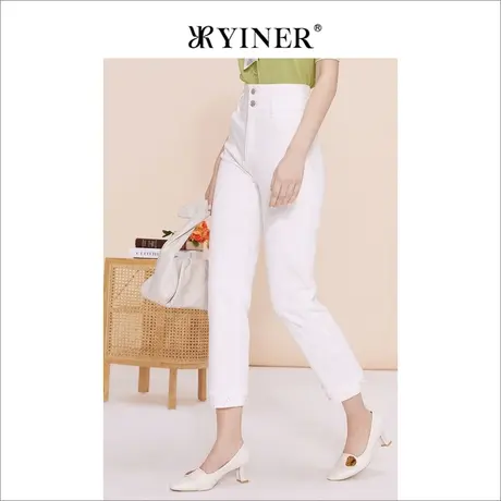 YINER音儿专选女装夏季复古白色通勤长裤直筒牛仔裤图片