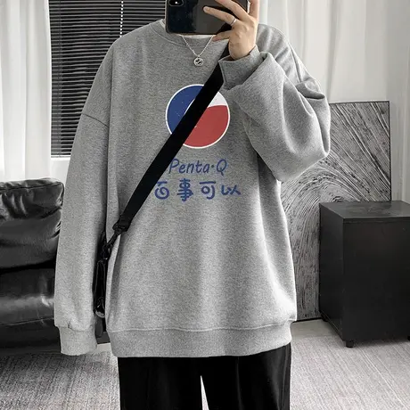圆领卫衣男套头秋冬季潮流港风宽松上衣ins情侣百搭创意无帽外套商品大图