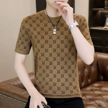 欧货高端短袖毛衣男士春秋季潮牌提花针织圆领外穿内搭T恤打底衫商品大图