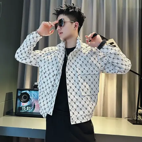 春季字母满印立领夹克男ins韩版休闲褂子上衣设计感工装口袋外套商品大图