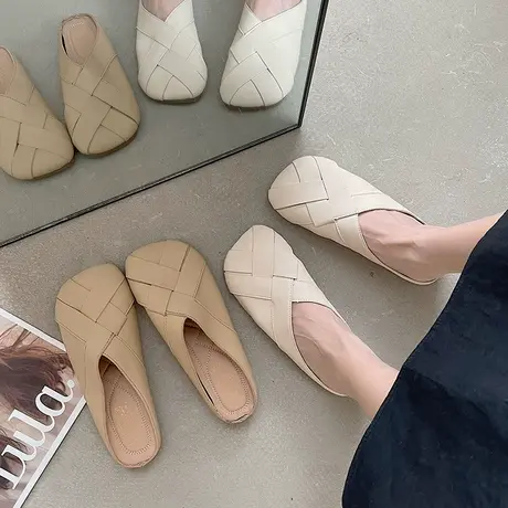 包头半拖鞋女外穿2023新款平底编织孕妇懒人一脚蹬仙女风百搭凉拖商品大图