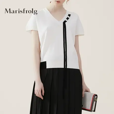 玛丝菲尔拼接T恤女2020春季新款v领短袖时尚气质薄款白色针织上衣商品大图