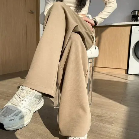 卡其美式运动裤女春秋2024新款高腰宽松撞色腰休闲直筒拖地阔腿裤商品大图